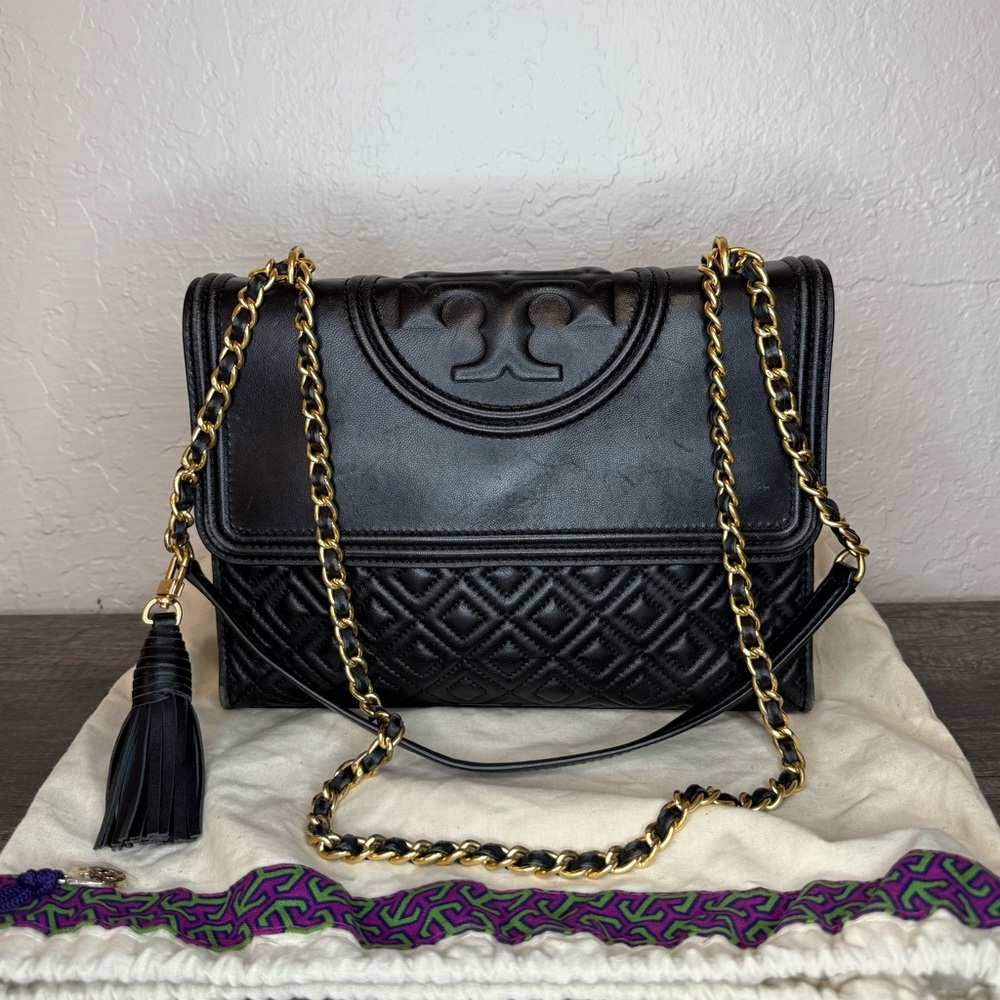 Tory Burch Fleming Large Convertible Black Quilted Chain Shoulder Bag